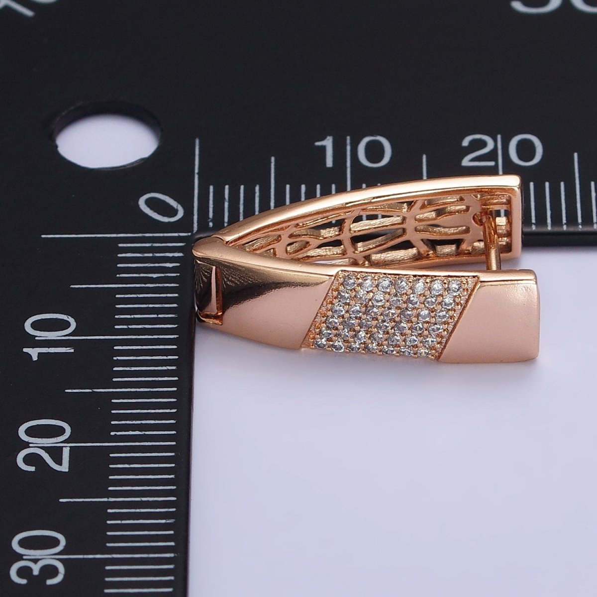18K Gold Filled Clear Micro Paved CZ Wide Flat English Lock Earrings | AB276