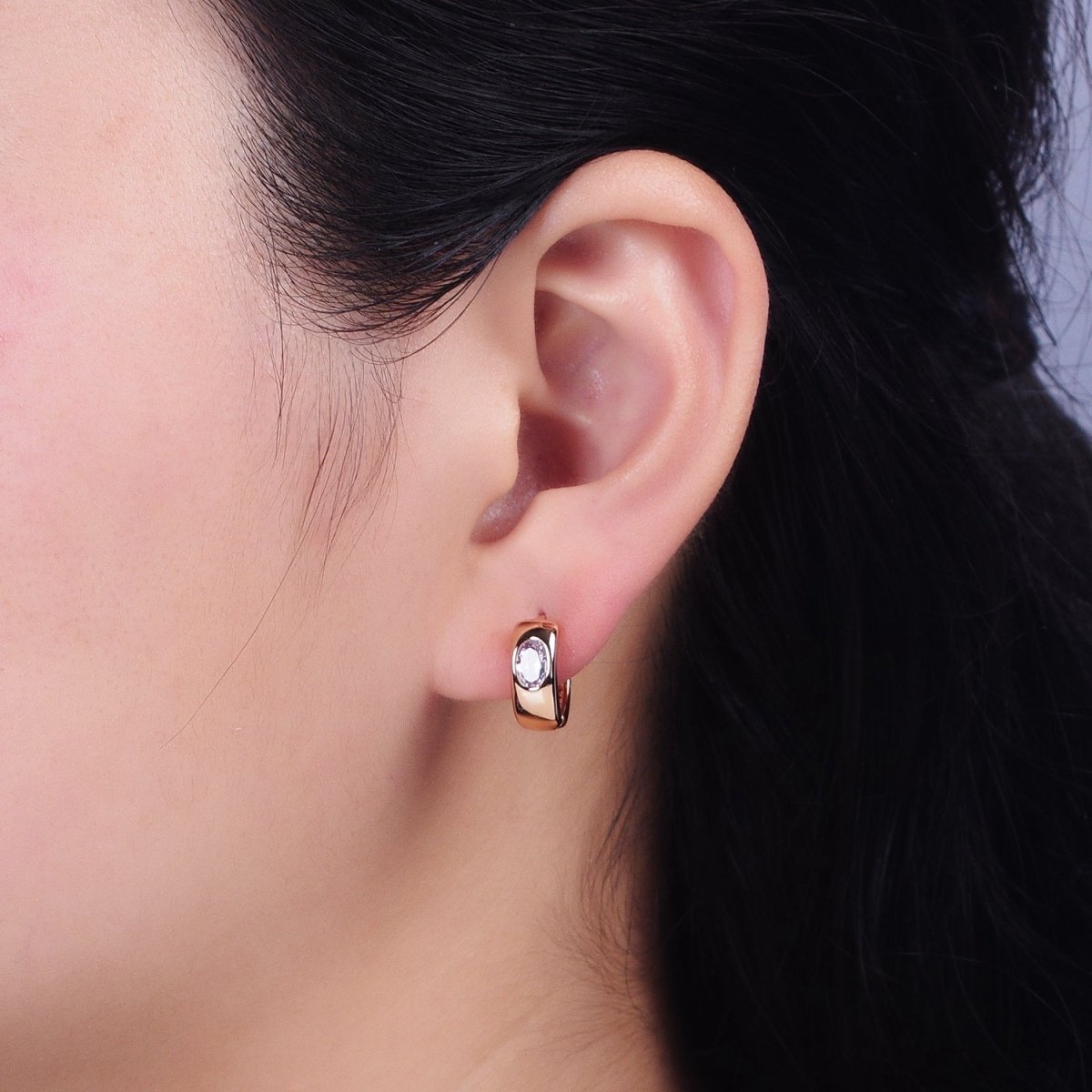 18K Gold Filled Clear Oval CZ Wide Huggie Earrings | AD1415