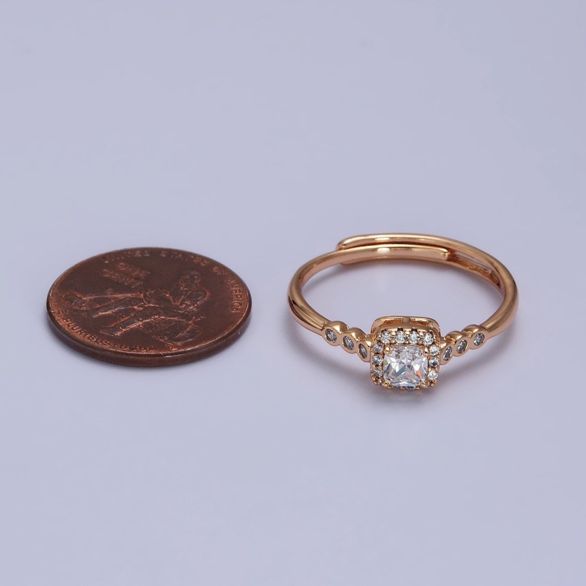 18K Gold Filled Clear Square Micro Paved Round CZ Adjustable Ring | R-091
