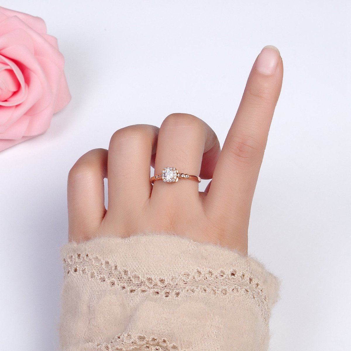 18K Gold Filled Clear Square Micro Paved Round CZ Adjustable Ring | R-091
