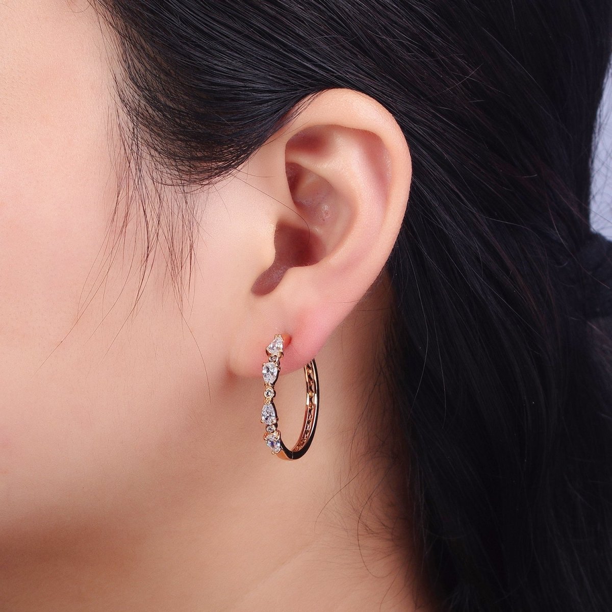 18K Gold Filled Clear Teardrop Round CZ Lined 27mm Endless Hoop Earrings | AB128