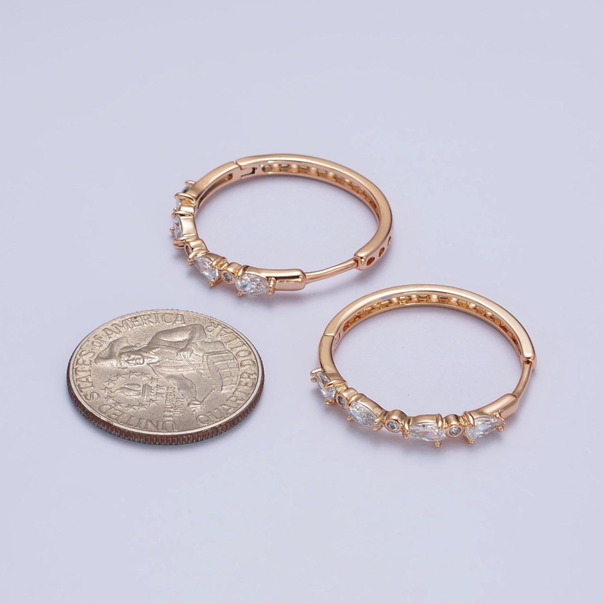 18K Gold Filled Clear Teardrop Round CZ Lined 27mm Endless Hoop Earrings | AB128
