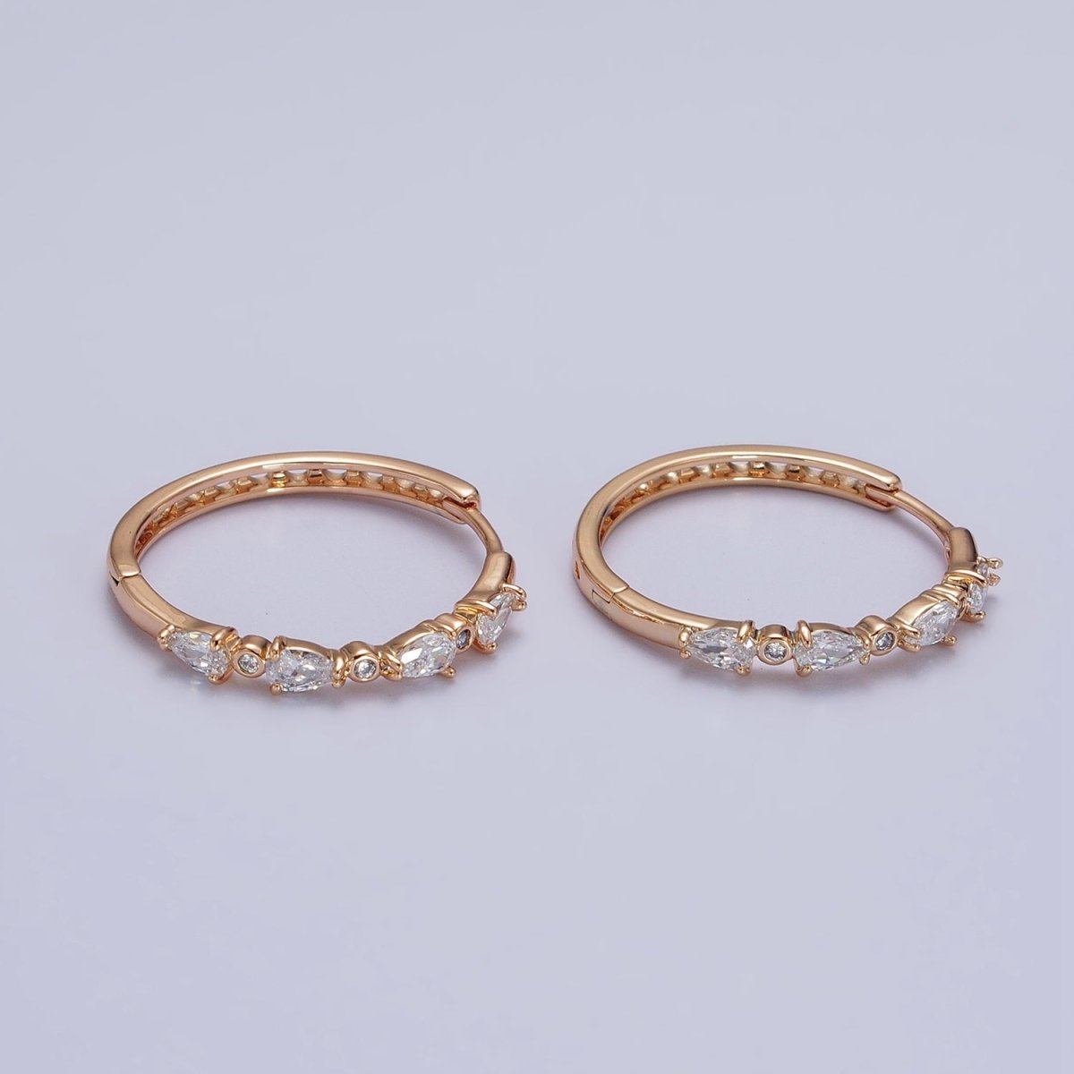 18K Gold Filled Clear Teardrop Round CZ Lined 27mm Endless Hoop Earrings | AB128
