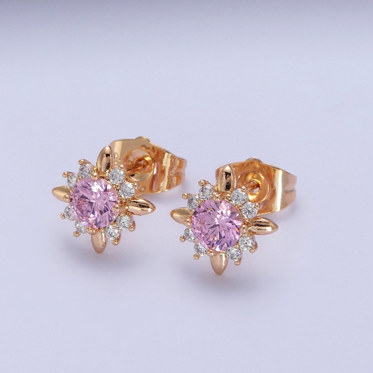 18K Gold Filled Clear, Yellow, Pink, Green CZ Celestial Sun Stud Earrings | AD-299~AD-302