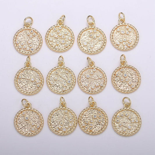 18K Gold Filled Constellation Zodiac Braided Rustic Coin Charm | A-A1821-A-A1826
