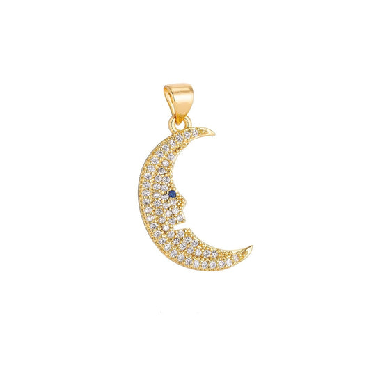 18K Gold Filled Crescent Moon Face Dream Charm Crystal Cubic Zirconia for Necklace Pendant Earring Bail Dangle Findings for Jewelry Making H-297