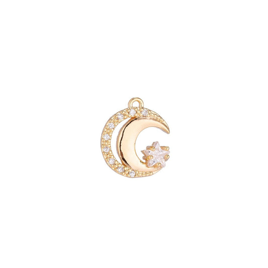 18K Gold Filled Crescent Moon Star Pendant, dainty Celestial Moon Charm Gold with micro Pave CZ Cubic Zircon C-094