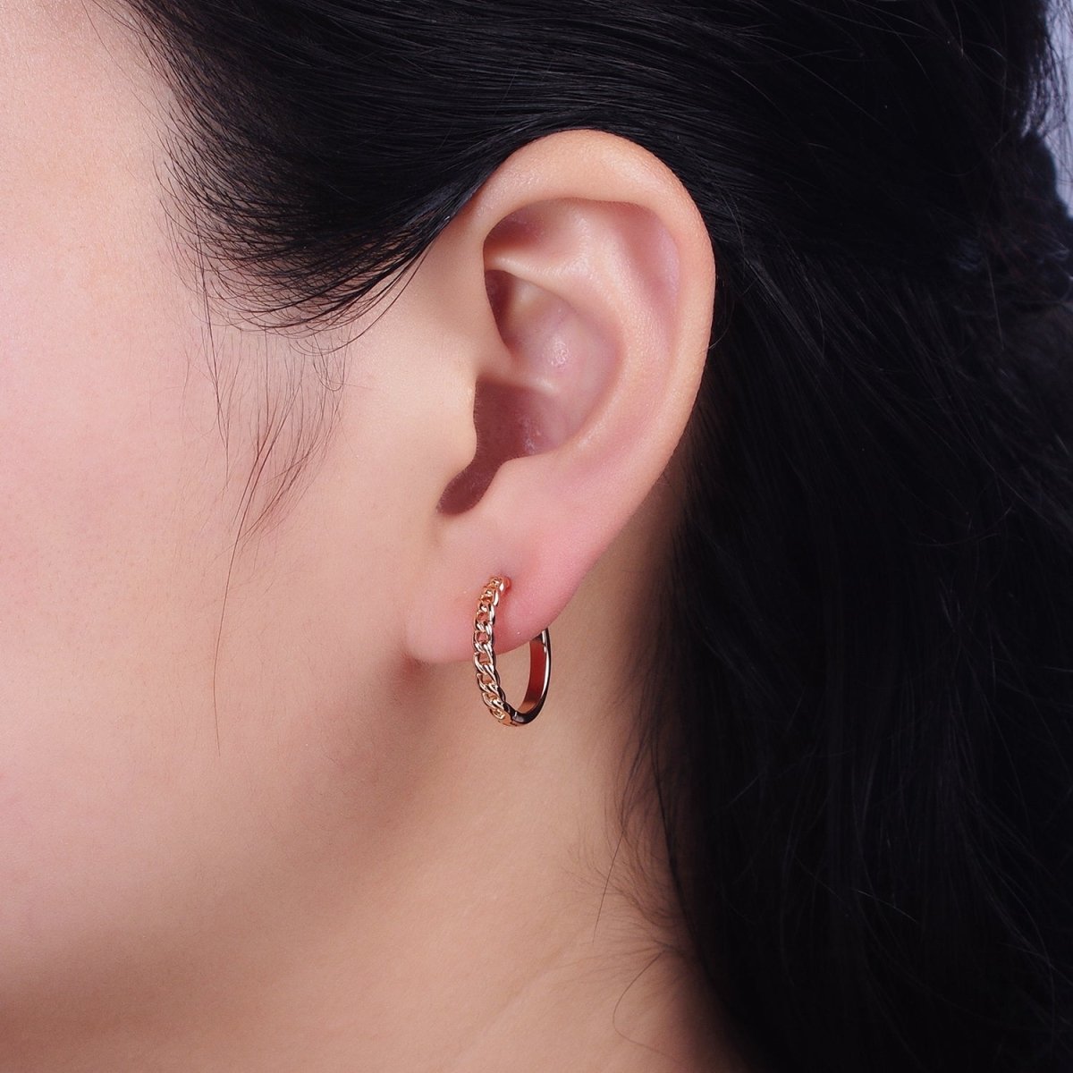 18K Gold Filled Curb Link Chain Endless Hoop Huggie Earrings |AD-1411