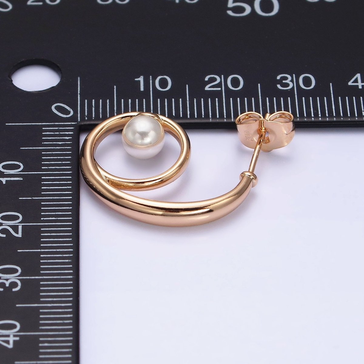 18K Gold Filled Curled Band Pearl Geometric J-Shaped Hoop Earrings | AD1448
