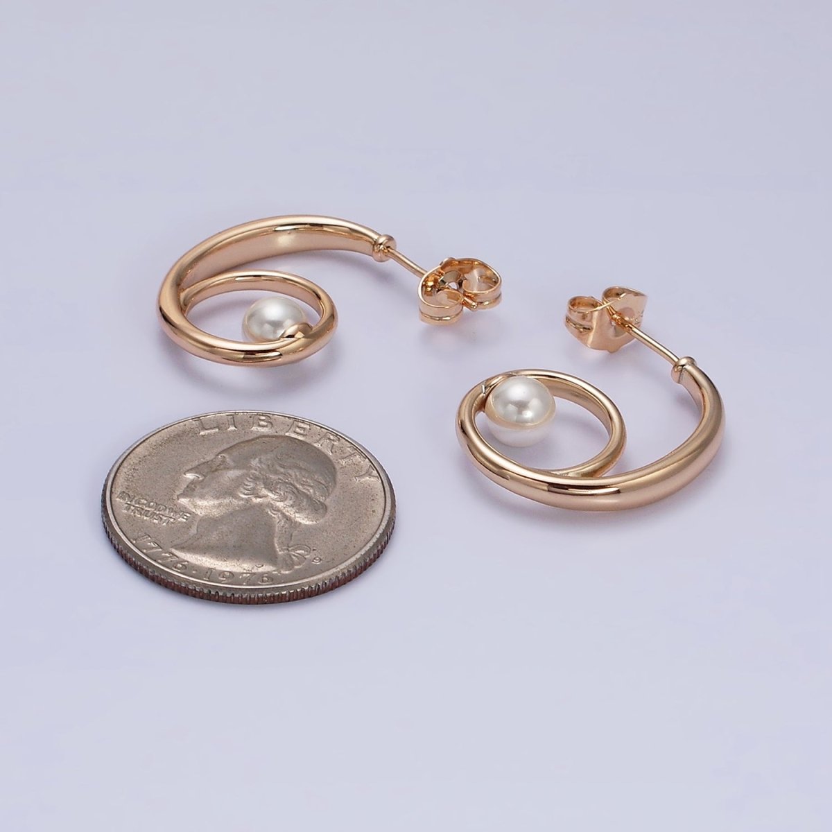 18K Gold Filled Curled Band Pearl Geometric J-Shaped Hoop Earrings | AD1448