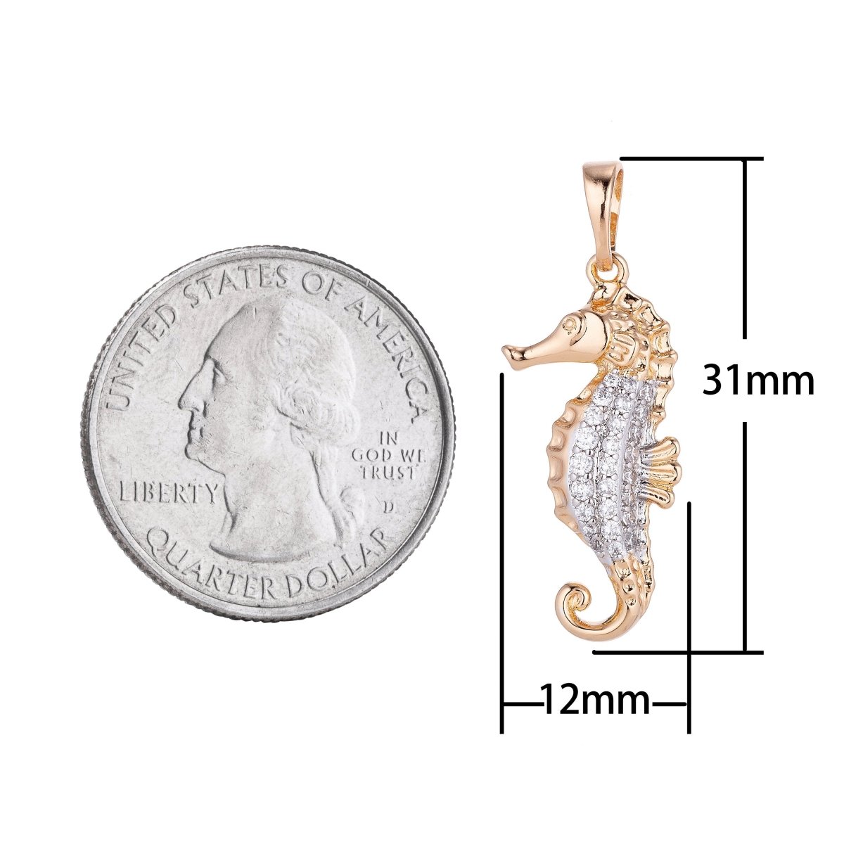 18k Gold Filled Cute Seahorse, Under the Sea Animal, Summer Ocean Vibe Cubic Zirconia Necklace Pendant Bead Bails Findings for Jewelry Making H-559