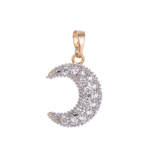 18k Gold Filled Dainty Crescent Moon, Shine Bright Midnight Sky Pave Cubic Zirconia Necklace Pendant Bead Bails Findings for Jewelry Making H-567