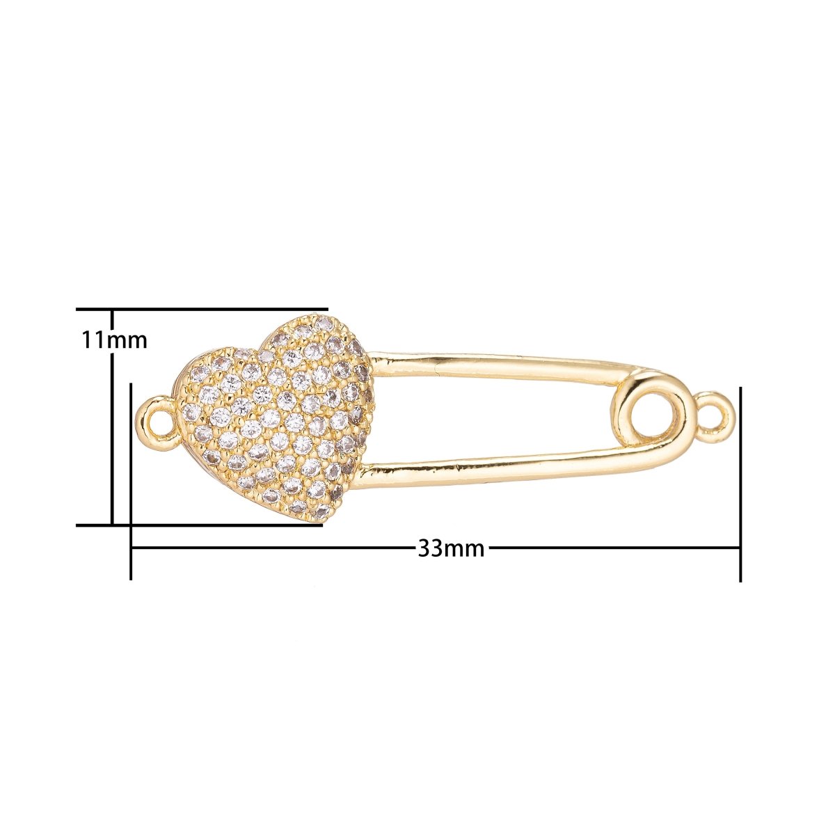 18K Gold Filled Dainty Delicate Safety Pin w/ Love Heart Cubic Zirconia Bracelet Charm Bead Finding Connector for Earring Jewelry Making F-092