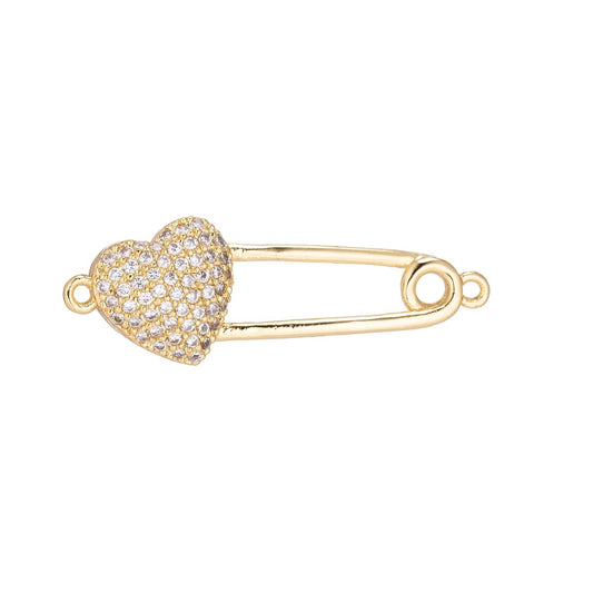 18K Gold Filled Dainty Delicate Safety Pin w/ Love Heart Cubic Zirconia Bracelet Charm Bead Finding Connector for Earring Jewelry Making F-092