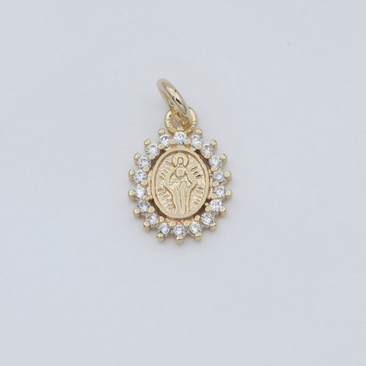 18K Gold Filled Religious Virgin Mary CZ Outline Oval Mini Charm | C005