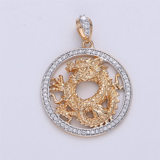 18K Gold Filled Dragon Pendant, Medallion Pendant Cubic Zirconia Dragon Necklace Pendant Charm Micro Pave Pendant for Jewelry Making I-272