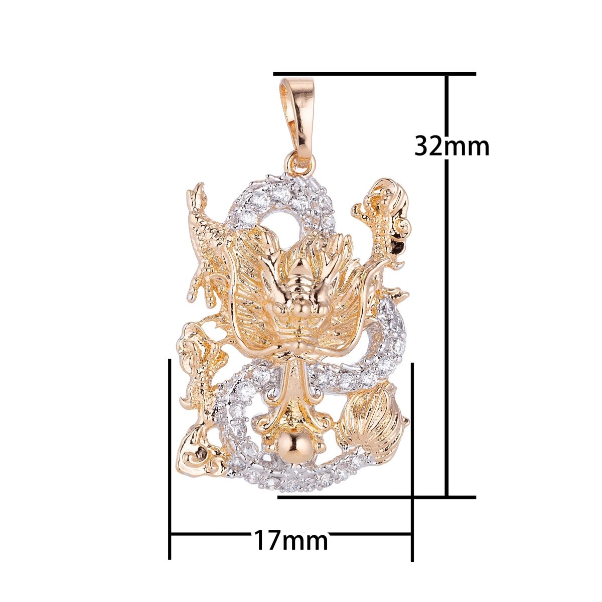 18k Gold Filled Dual Color Majestic Heavenly Soaring Dragon Cubic Zirconia Necklace Pendant Bead Bails Findings for Jewelry Making H-626