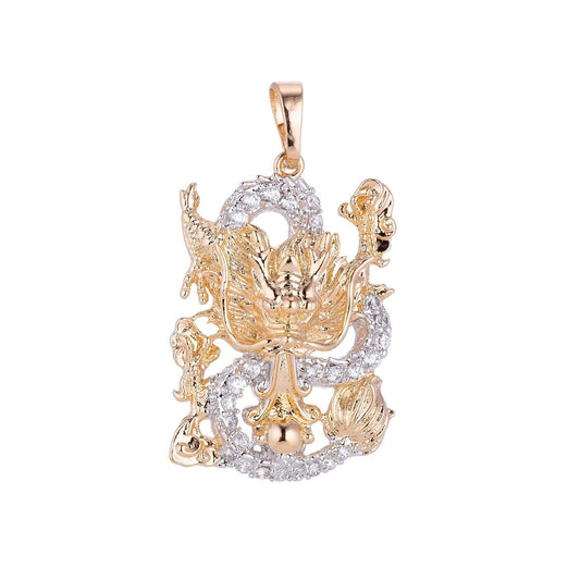 18k Gold Filled Dual Color Majestic Heavenly Soaring Dragon Cubic Zirconia Necklace Pendant Bead Bails Findings for Jewelry Making H-626