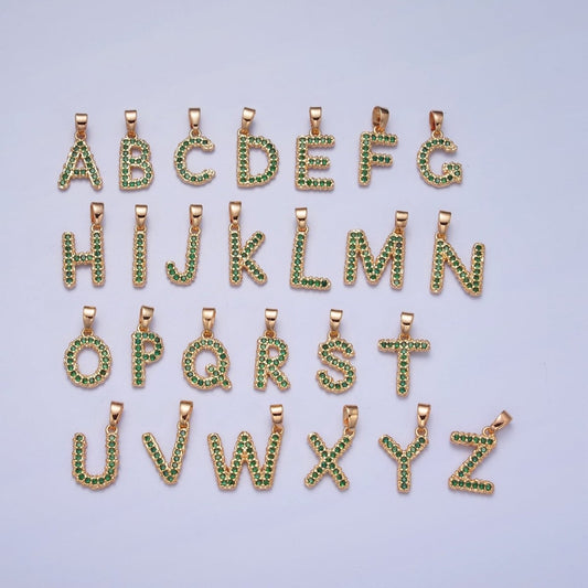 18k Gold Filled Emerald Green CZ Initial, Letter Alphabet Micro Pave charms Dainty Gold Cubic Pendant Charm for Necklace Bracelet Personalized Jewelry A-901-A-913
