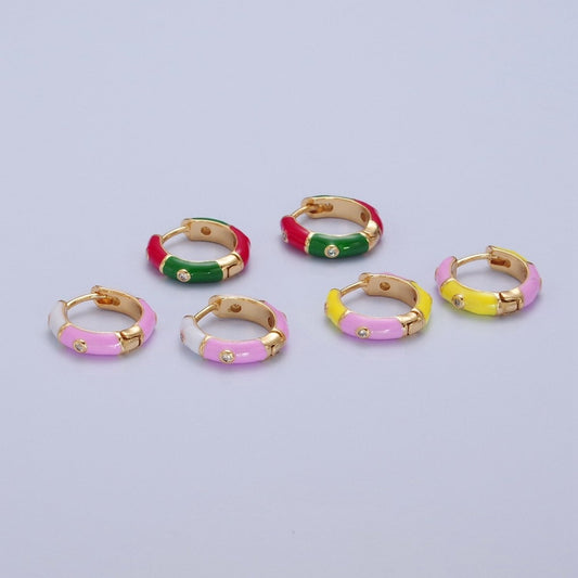 18k Gold Filled Enamel Hoops, Multi Color Mini Hoop Earrings, cz Enamel Hoops, Rainbow Hoops, Dainty Colored Hoop T-402 ~ T-404