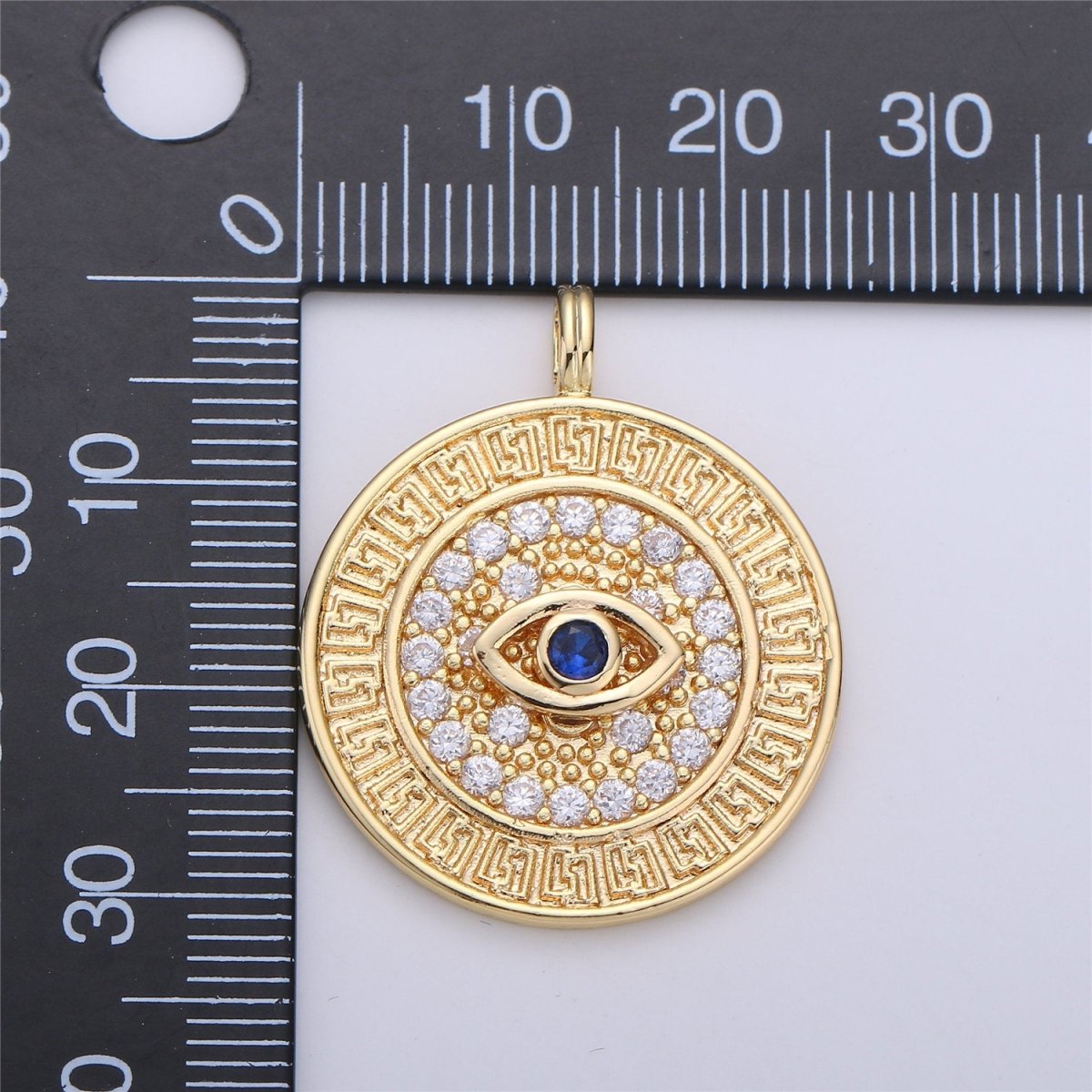 18K Gold Filled Evil Eye Blue Micro Paved CZ Geometric Round Pendant | C652
