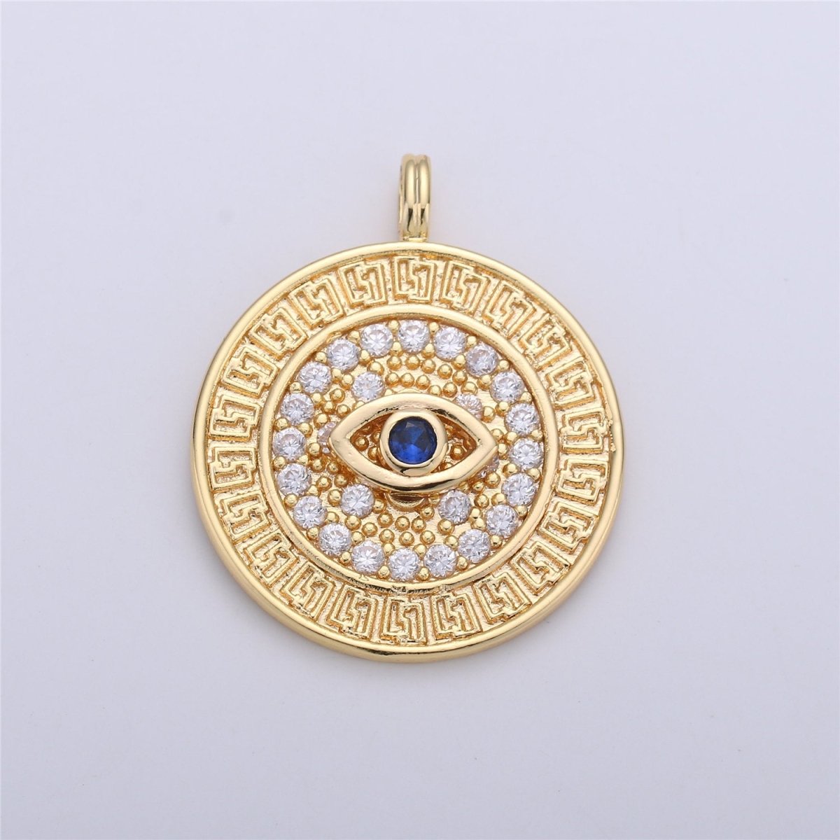 18K Gold Filled Evil Eye Blue Micro Paved CZ Geometric Round Pendant | C652
