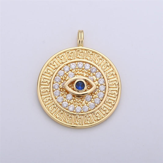 18K Gold Filled Evil Eye Blue Micro Paved CZ Geometric Round Pendant | C652