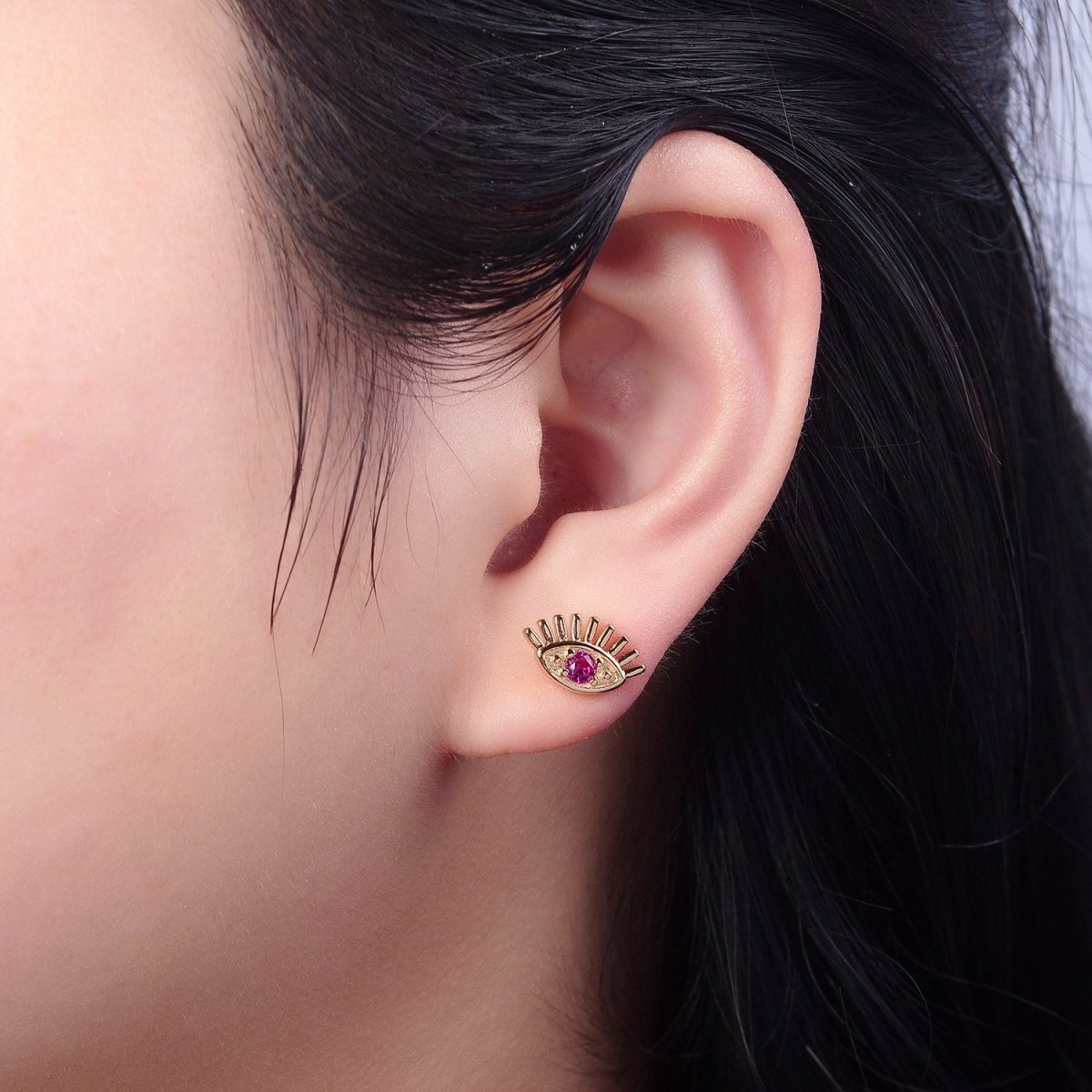 18K Gold Filled Evil Eye Fuchsia CZ Stud Earrings  | V-125