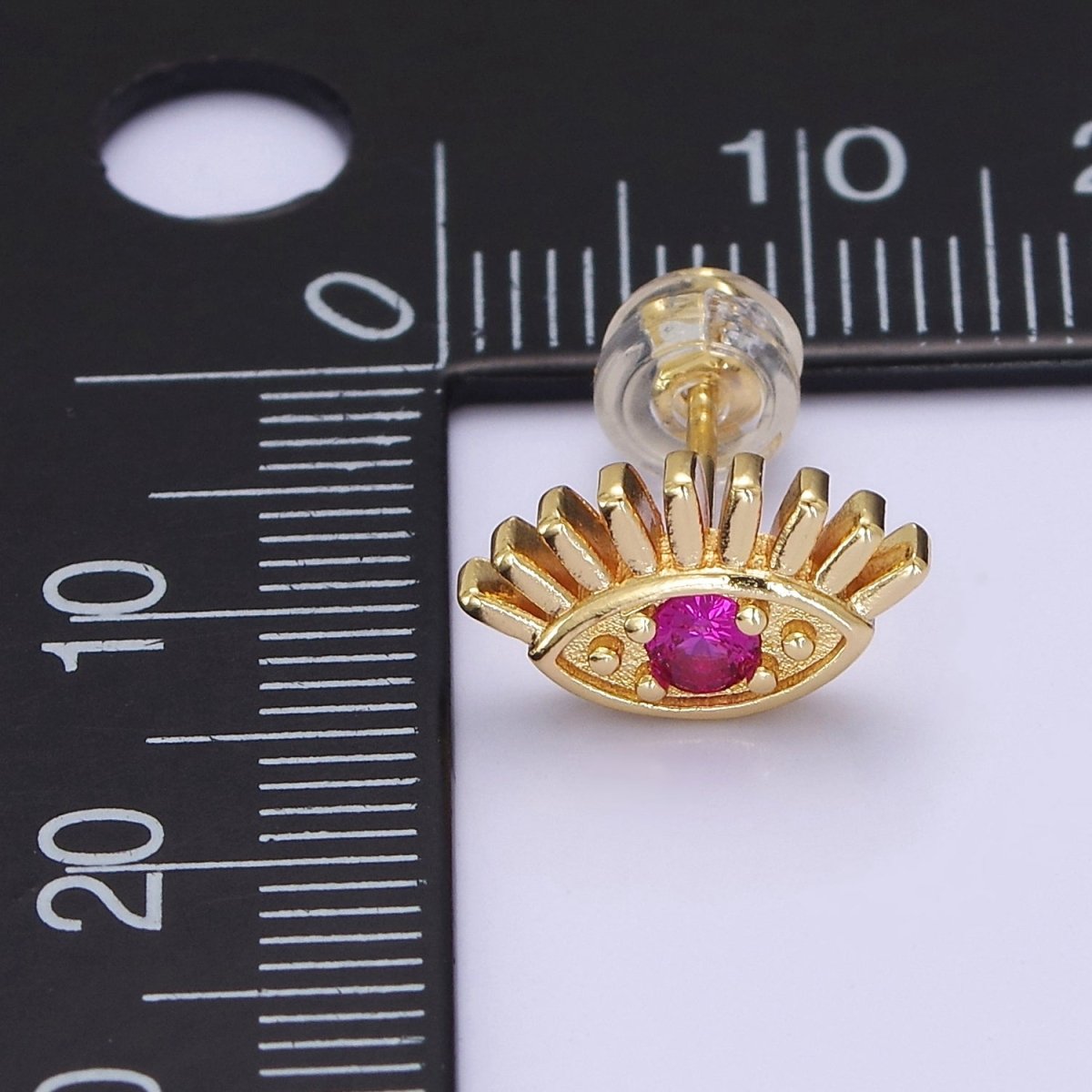 18K Gold Filled Evil Eye Fuchsia CZ Stud Earrings  | V-125