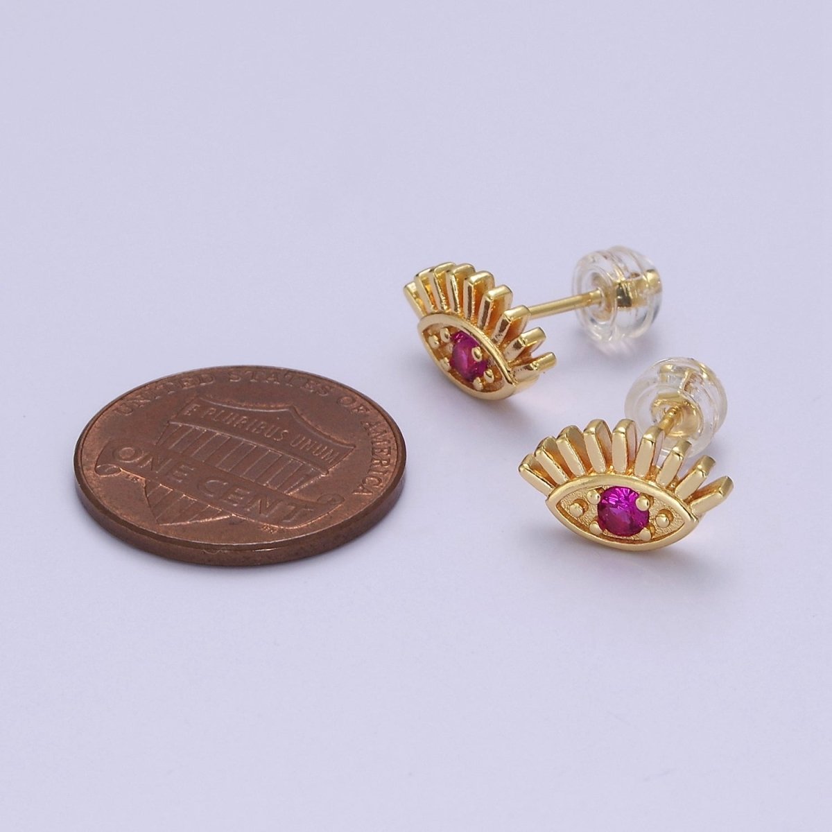 18K Gold Filled Evil Eye Fuchsia CZ Stud Earrings  | V-125
