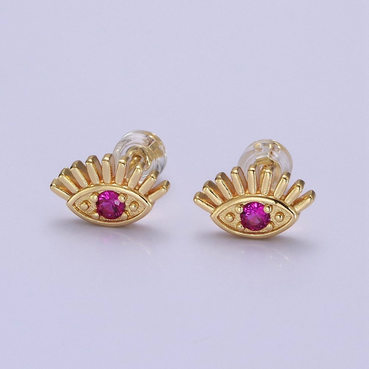18K Gold Filled Evil Eye Fuchsia CZ Stud Earrings  | V-125