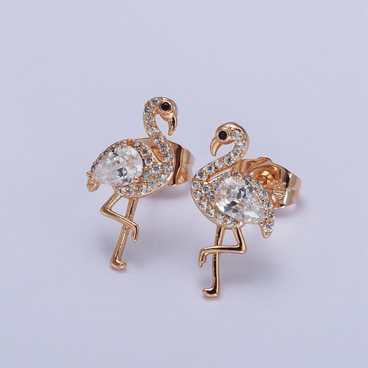 18K Gold Filled Flamingo Bird Micro Paved CZ Teardrop Stud Earrings | AB289