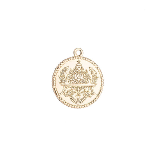 18k Gold Filled Floral Coin Charm Medallion with decorative Edge for Necklace Pendant Earring Findings for Jewelry Making C-092