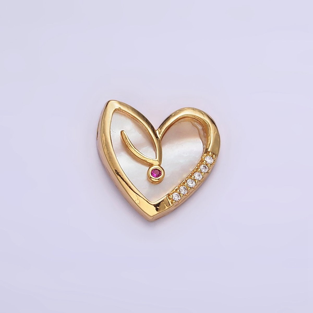 18K Gold Filled Fuchsia CZ Micro Paved Shell Pearl Heart Charm | AC1435