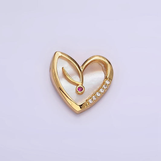 18K Gold Filled Fuchsia CZ Micro Paved Shell Pearl Heart Charm | AC1435