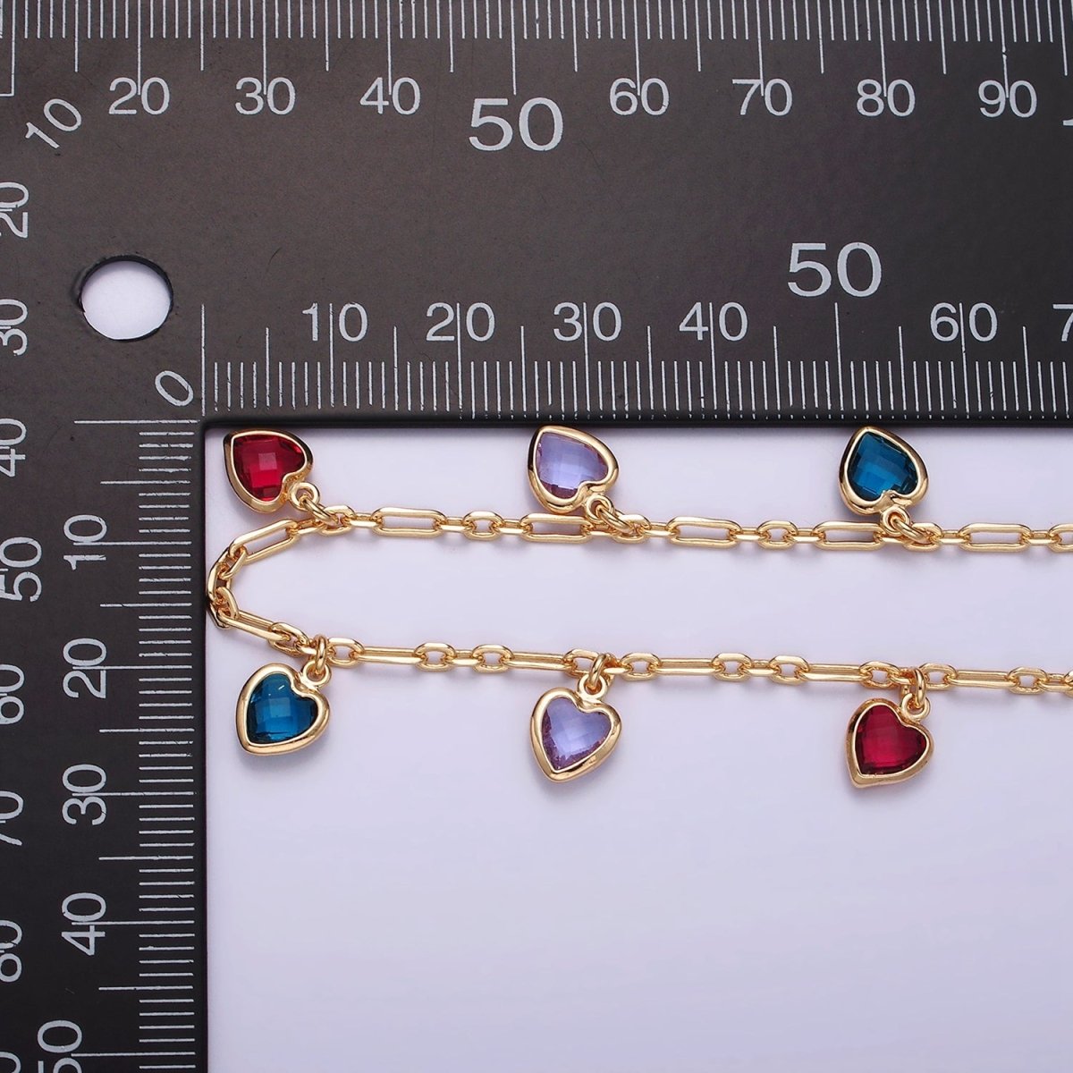 18K Gold Filled Heart CZ Multicolor Multifaceted Drop Cable Paperclip Unfinished Chain For Jewelry Making | ROLL-1429 Clearance Pricing