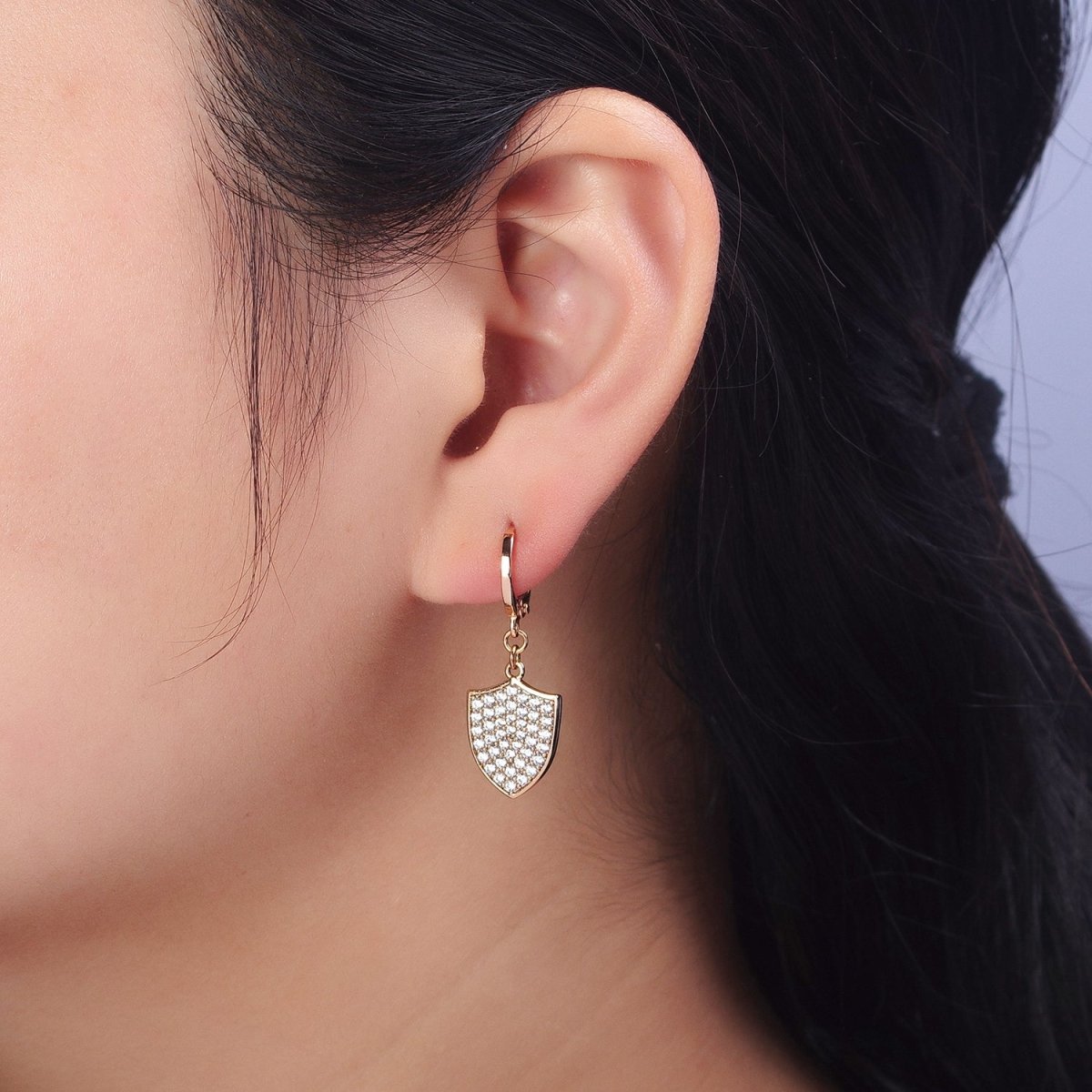 18K Gold Filled Huggie Earring with Micro Pave Shield Dangle Charm AB1050
