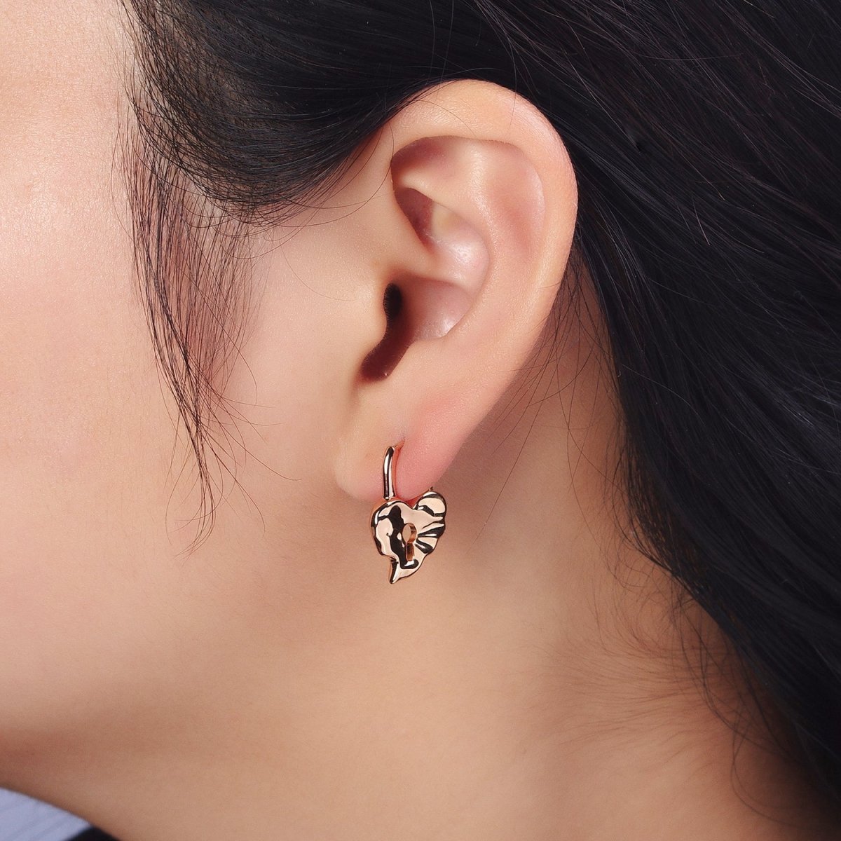 18K Gold Filled Huggie Padlock Heart Earring Abstract Design AB1045