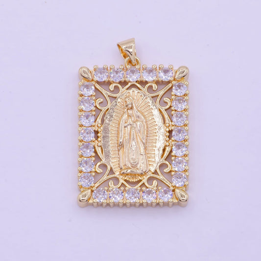 18K Gold Filled Lady Guadalupe Pendant Micro Pave Medallion Virgin Mary Rectangle Tag Catholic Jewelry Pendant X-461