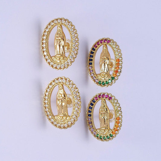 18K Gold Filled Lady Guadalupe Stud Earring with Clear Rainbow Cubic Zirconia V-102 V-103