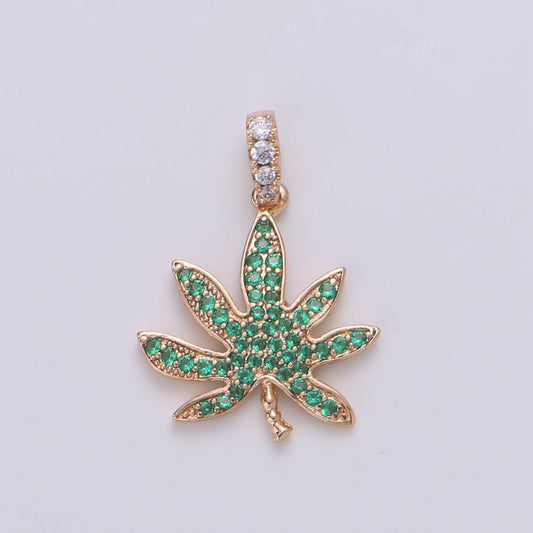 18K Gold Filled Marijuana Leaf Six Leaves Plant Necklace Pendant Micro Pave Green Leaf Charm Bracelet Earring Charm Bails for Jewelry Making I-079 H-871