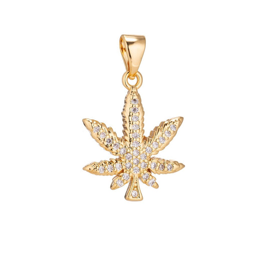 18K Gold Filled Marijuana Leaf Six Leaves Weed Necklace Pendant Micro Pave Leaf Char H-914
