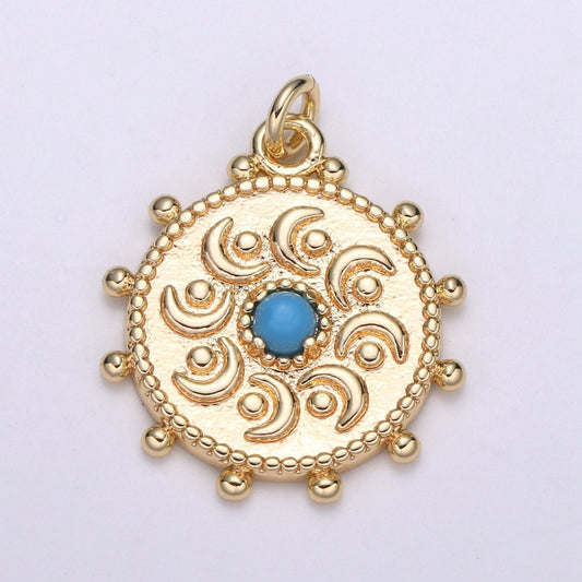 18K Gold Filled Medallion Charm 21.5x17.5mm Vintage Turqouise Pendant, Round Disc charms Minimalist Jewelry for Necklace Component E-144