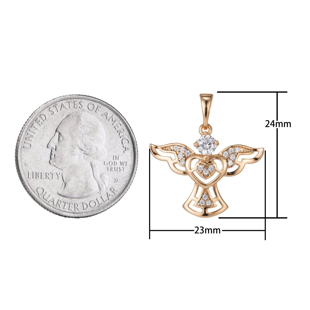 18k Gold Filled Micro Pave CZ Angel Wing Heart Pendant Charm, Micro Pave CZ Pendant Charm, Gold Filled Pendant, For DIY Jewelry I-384