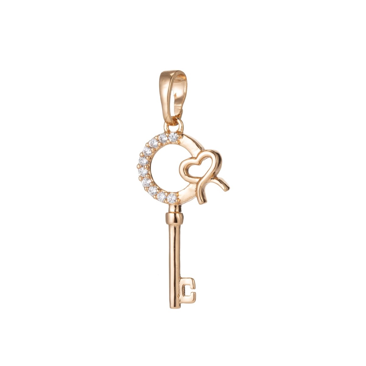 18k Gold Filled Micro Pave CZ Heart Key Pendant Charm, Micro Pave CZ Key Pendant Charm, Gold Filled Key Pendant, For DIY Jewelry I-538