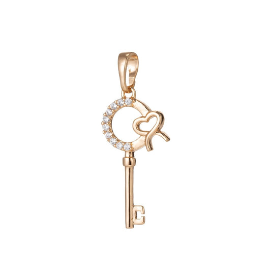 18k Gold Filled Micro Pave CZ Heart Key Pendant Charm, Micro Pave CZ Key Pendant Charm, Gold Filled Key Pendant, For DIY Jewelry I-538