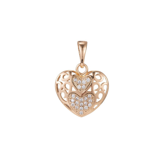 18k Gold Filled Micro Pave CZ Heart Pendant Charm, Heart with heart Pendant Charm, Linked Locked Heart Pendant, For DIY Jewelry I-421