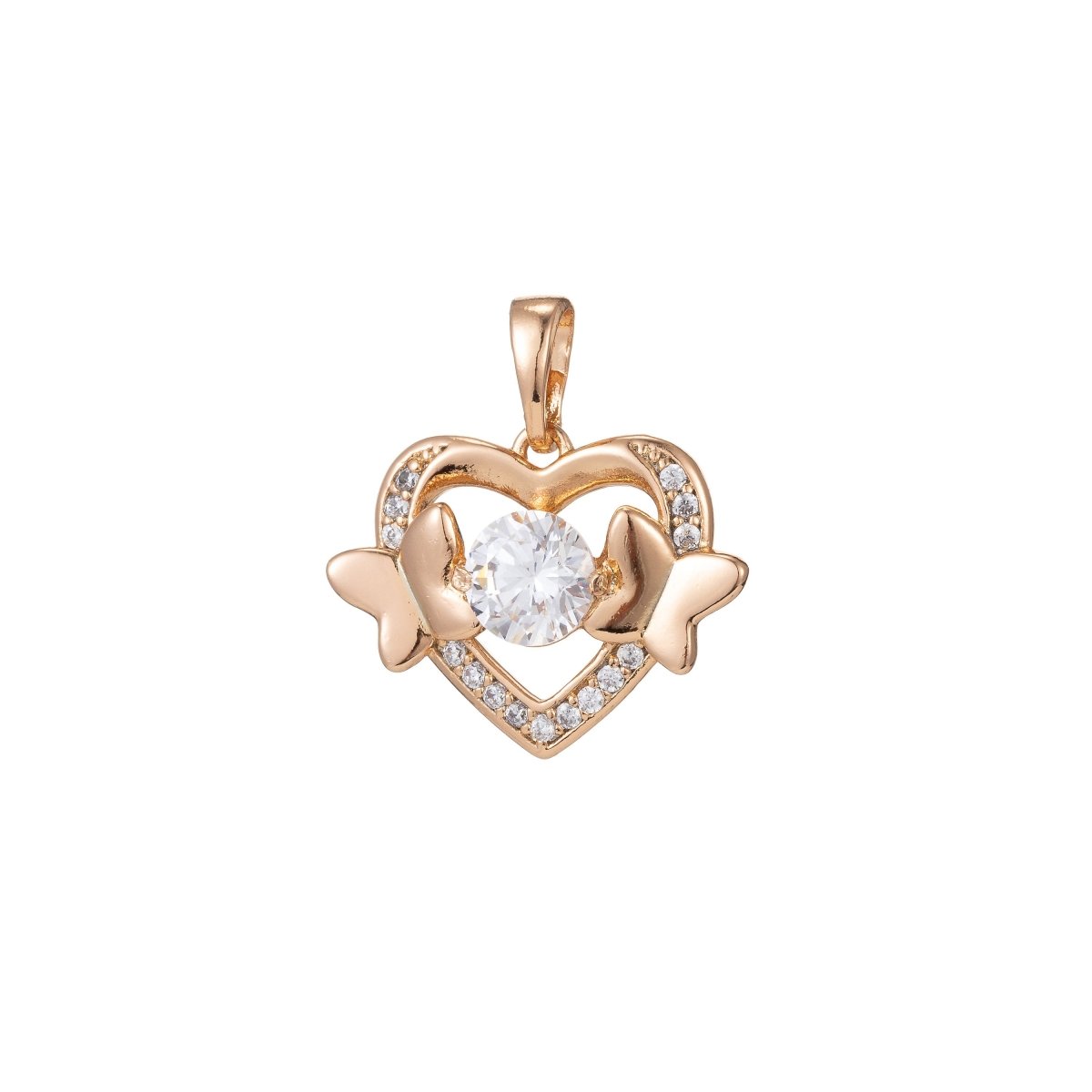 18k Gold Filled Micro Pave CZ Heart Pendant Charm, Hearts with Dual Butterfly Pendant Charm, Gold Filled Heart Pendant, For DIY Jewelry I-416