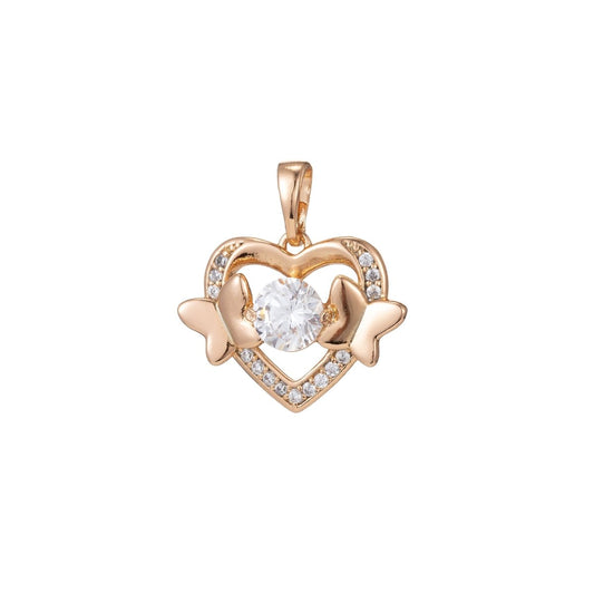 18k Gold Filled Micro Pave CZ Heart Pendant Charm, Hearts with Dual Butterfly Pendant Charm, Gold Filled Heart Pendant, For DIY Jewelry I-416