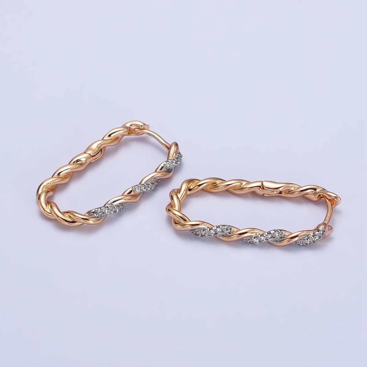 18K Gold Filled Micro Paved CZ Braided Twist Oblong Mixed Metal Hoops | AB262